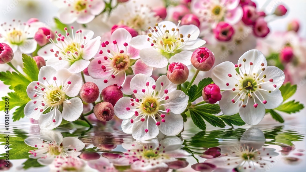 Naklejka premium Delicate hawthorn petals dance on a stark white backdrop, weaving a surreal narrative of nature's beauty, where reality merges with enchanting