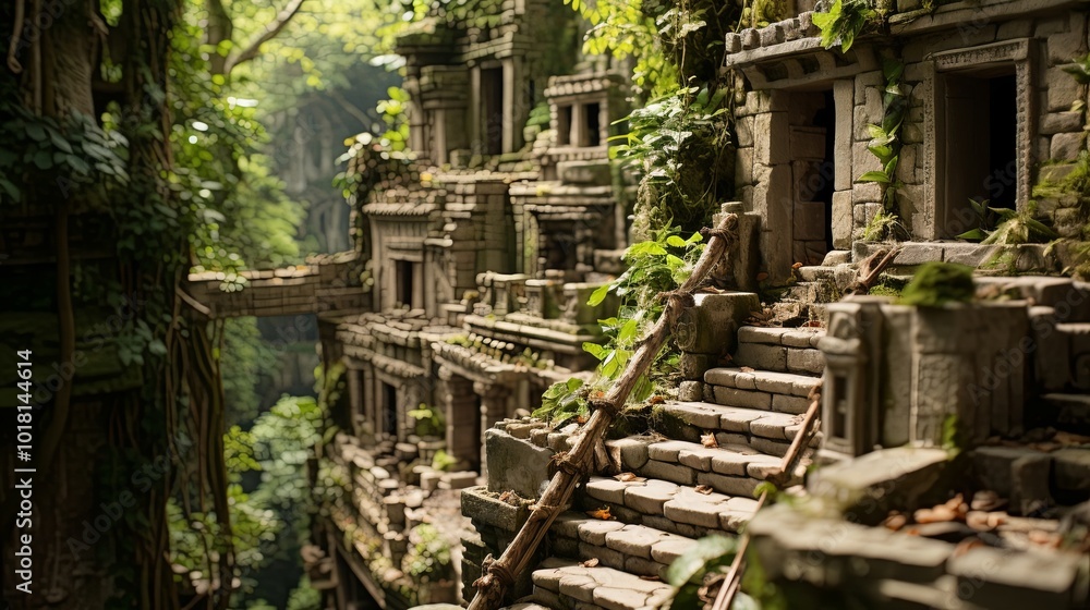 Ancient Stone Steps Wind Through a Lush Jungle, Leading to a Forgotten Temple with Moss-Covered Walls and an Enchanting Mystery Ancient Stone Steps Wind Through a Lush Jungle, Leading to a Forgotten Temple with Moss-Covered Walls and an Enchanting Mystery