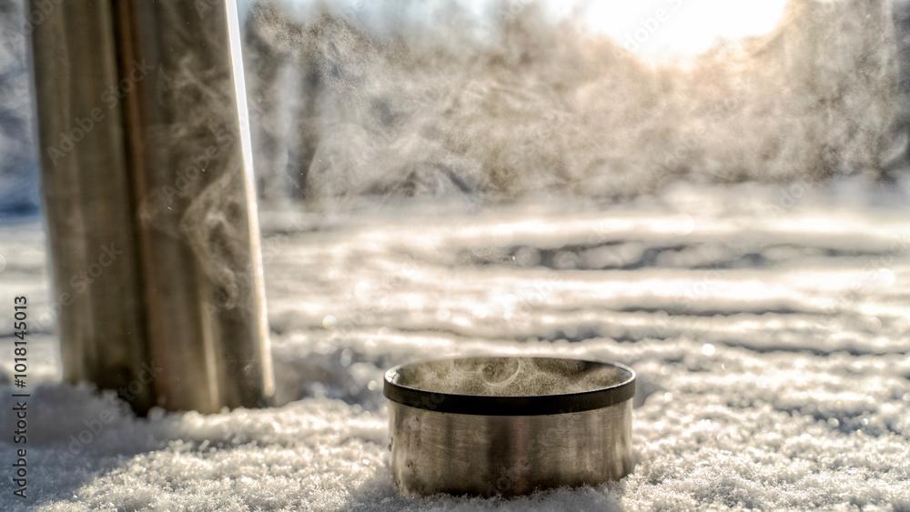 thermos with hot tea or coffee in the winter forest thermos with hot tea or coffee in the winter forest