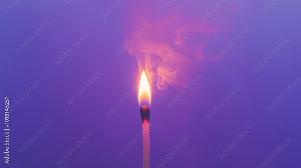 A matchstick igniting, bright flame glowing intensely, positioned against a serene lavender background, the smoke trailing upward, giving a sense of warmth and calmness A matchstick igniting, bright flame glowing intensely, positioned against a serene lavender background, the smoke trailing upward, giving a sense of warmth and calmness