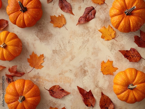 Harvest Season Pumpkins and Leaves Flat Lay photo