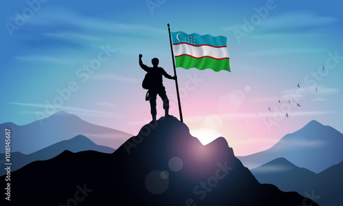 Uzbekistan flag, silhouette of a man holding a flag as a sign of success in reaching the top of the mountain with the morning sun in the background. Vector Illustrator