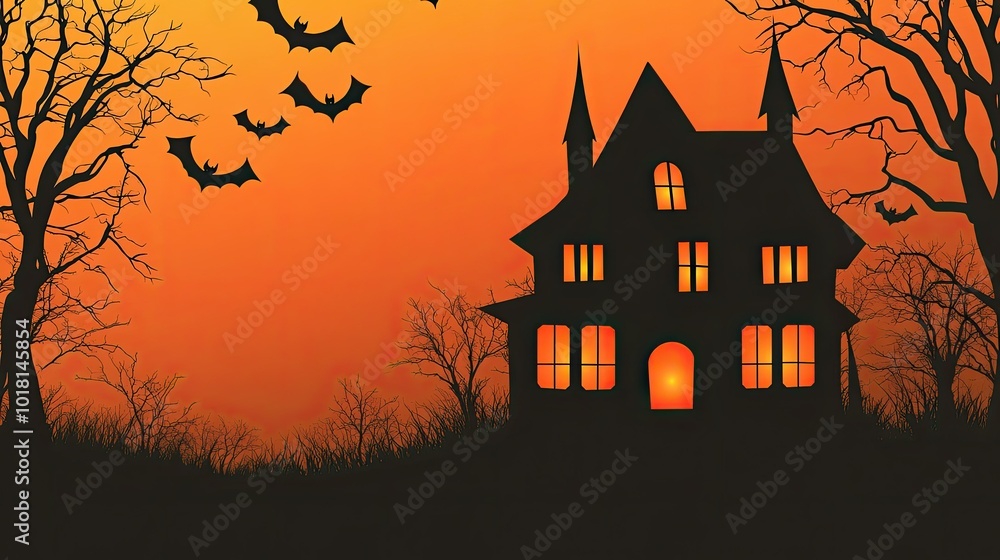 Haunted house in the distance with glowing windows and bats flying overhead. Copy space available. Haunted house in the distance with glowing windows and bats flying overhead. Copy space available.