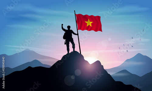 Vietnam flag, silhouette of a man holding a flag as a sign of success in reaching the top of the mountain with the morning sun in the background. Vector Illustrator