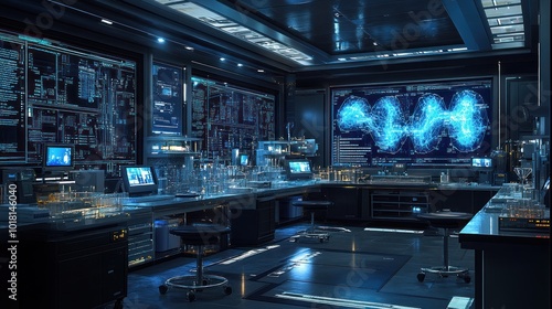 Futuristic laboratory with advanced technology and data displays.