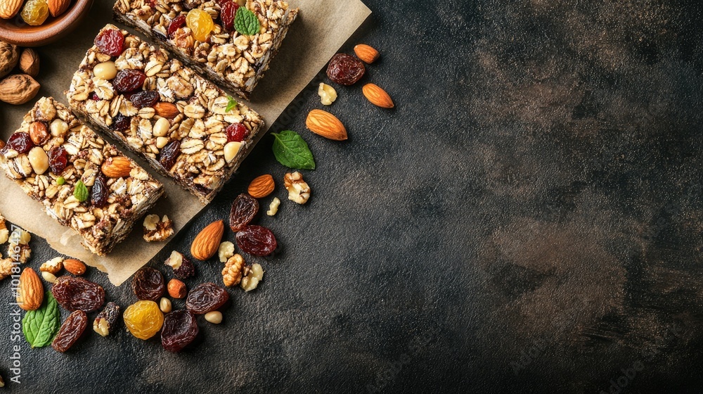 Healthy homemade granola bars, nuts, and dried fruits for children snack. Copy space on the side. Healthy homemade granola bars, nuts, and dried fruits for children snack. Copy space on the side.