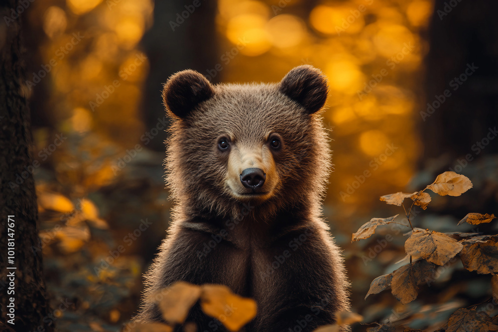 Obraz premium Autumn wood with little bear generated Ai image