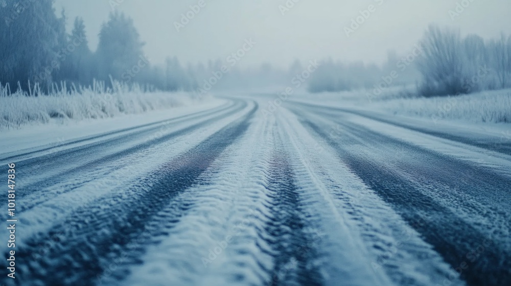 Car tires gripping a frosty road, leaving sharp tread marks on the snow and ice, cold atmosphere Car tires gripping a frosty road, leaving sharp tread marks on the snow and ice, cold atmosphere