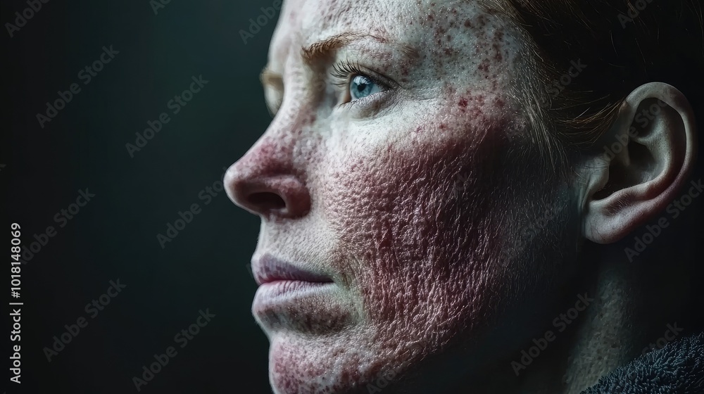 Acne-prone facial skin in close-up, revealing redness, bumps, and uneven texture under soft studio lighting. Acne-prone facial skin in close-up, revealing redness, bumps, and uneven texture under soft studio lighting.