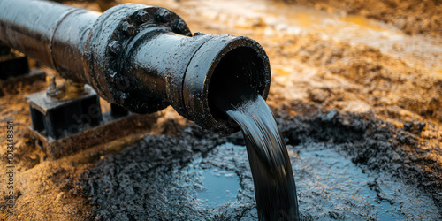 Close-up of petroleum pouring out of a pipe from the ground. Oil field, industry and manufacturing, oil and gas production photo