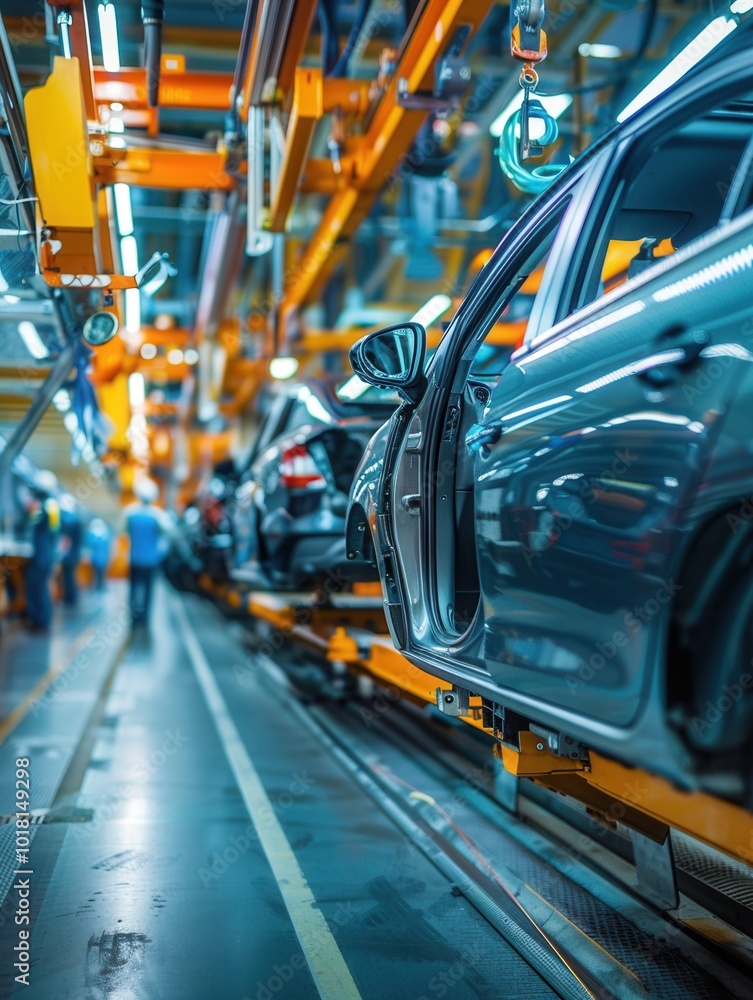 Workers are focused on installing and inspecting car interiors along the factory assembly line during a busy day. Generative AI Workers are focused on installing and inspecting car interiors along the factory assembly line during a busy day. Generative AI