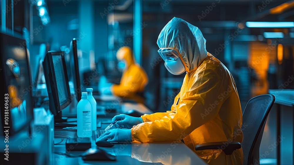 A Person Wearing a Hazmat Suit Working on a Computer in a Laboratory Setting A Person Wearing a Hazmat Suit Working on a Computer in a Laboratory Setting