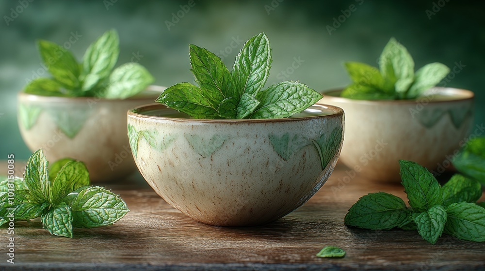Three bowls filled with fresh mint leaves on a wooden surface. Three bowls filled with fresh mint leaves on a wooden surface.