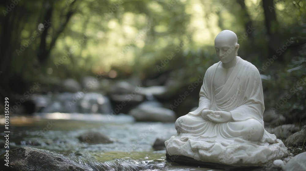 Serene marble sculpture of a meditating monk, peaceful and calm, placed beside a flowing stream in a lush forest, with light filtering through the trees. Serene marble sculpture of a meditating monk, peaceful and calm, placed beside a flowing stream in a lush forest, with light filtering through the trees.