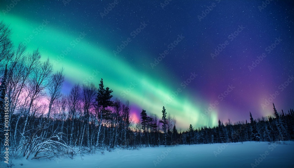 Majestic Northern Lights Dance Across a Pristine Winter Landscape, Illuminating the Snow-Covered Trees and Mountains with Stunning Shades of Green, Purple, and Blue Against a Dark, Starry Night Sky Majestic Northern Lights Dance Across a Pristine Winter Landscape, Illuminating the Snow-Covered Trees and Mountains with Stunning Shades of Green, Purple, and Blue Against a Dark, Starry Night Sky