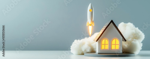 A miniature house with glowing windows sits on a surface as a toy rocket blasts off behind it, creating a cloud of smoke photo