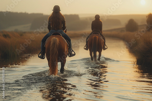 Generative AI photo realistic image, equitation lesson people connected with horses friends love