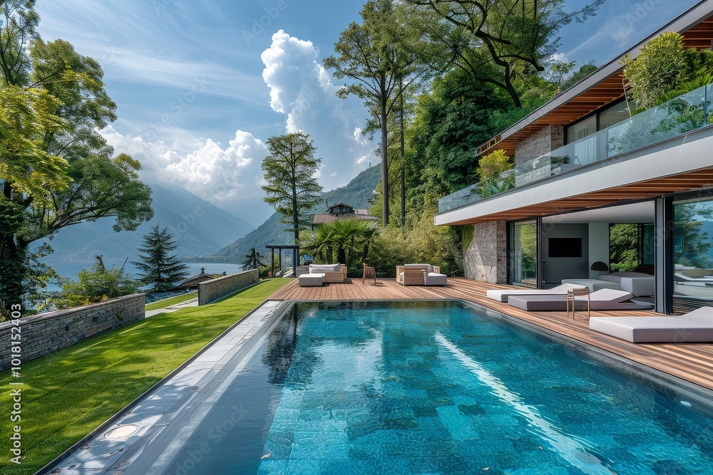 Obraz premium Beautiful modern villa with pool and wooden deck in Lake Como, surrounded by green grass, trees, and garden furniture under a blue sky.