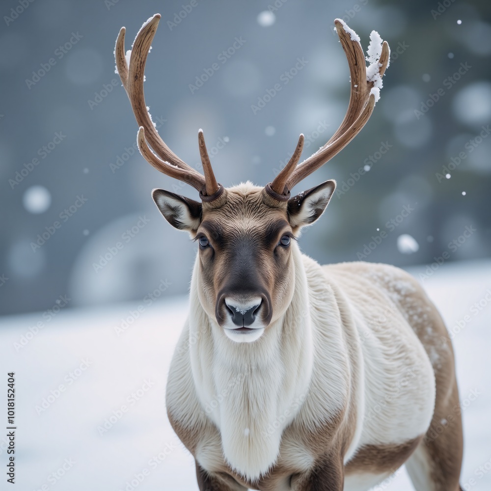 Majestic Reindeer amidst Winter Elegance Snowy Landscape with Delicate Snowfall Majestic Reindeer amidst Winter Elegance Snowy Landscape with Delicate Snowfall