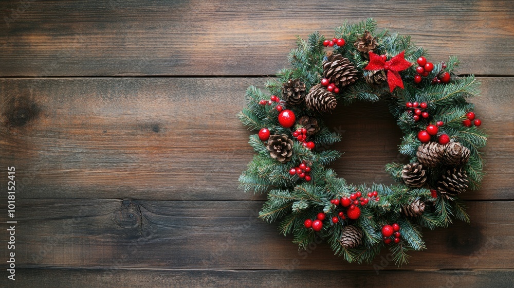 Top view of a festive Christmas wreath on a rustic wooden table. Copy space available. Top view of a festive Christmas wreath on a rustic wooden table. Copy space available.