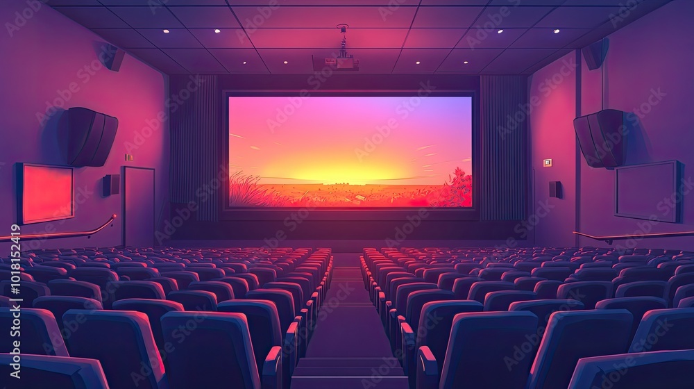 Empty movie theater with seats. Perfect for movie posters, cinema marketing or film reviews.