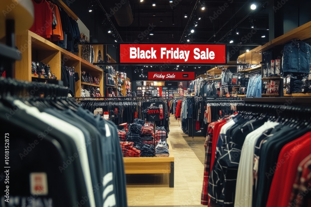 Obraz premium Fashion Store Interior: Inside a fashion store, large red and black 
