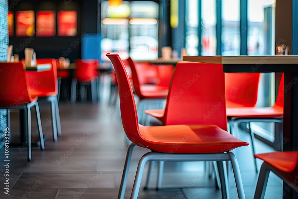 Empty red chairs in a restaurant. A perfect image for showcasing the ambiance of a casual dining setting. Empty red chairs in a restaurant. A perfect image for showcasing the ambiance of a casual dining setting.