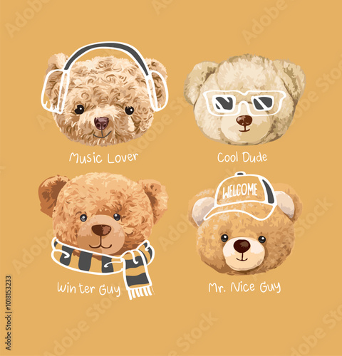 cute bear doll head in different style vector illustration