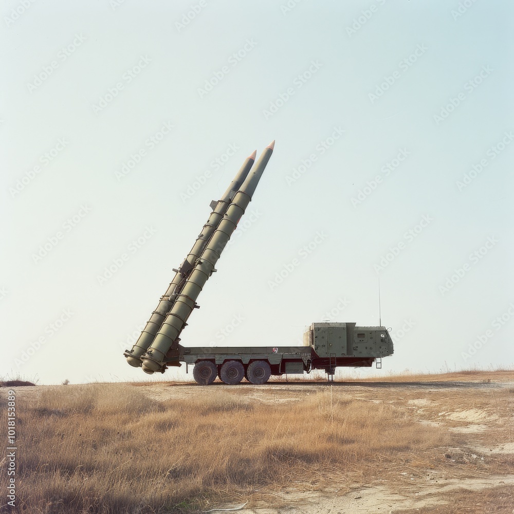 A military missile launcher stands poised against a clear sky, its powerful presence blending into the landscape's stark simplicity. A military missile launcher stands poised against a clear sky, its powerful presence blending into the landscape's stark simplicity.