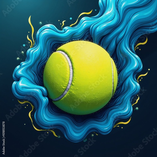 Illustrated graphic tennis banner showcases a vibrant blue-smoke cloud surrounding a tennis ball with strong blu and yellow color contrasts