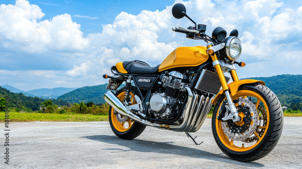 Vibrant Yellow Motorcycle on Open Road with Clouds Vibrant Yellow Motorcycle on Open Road with Clouds