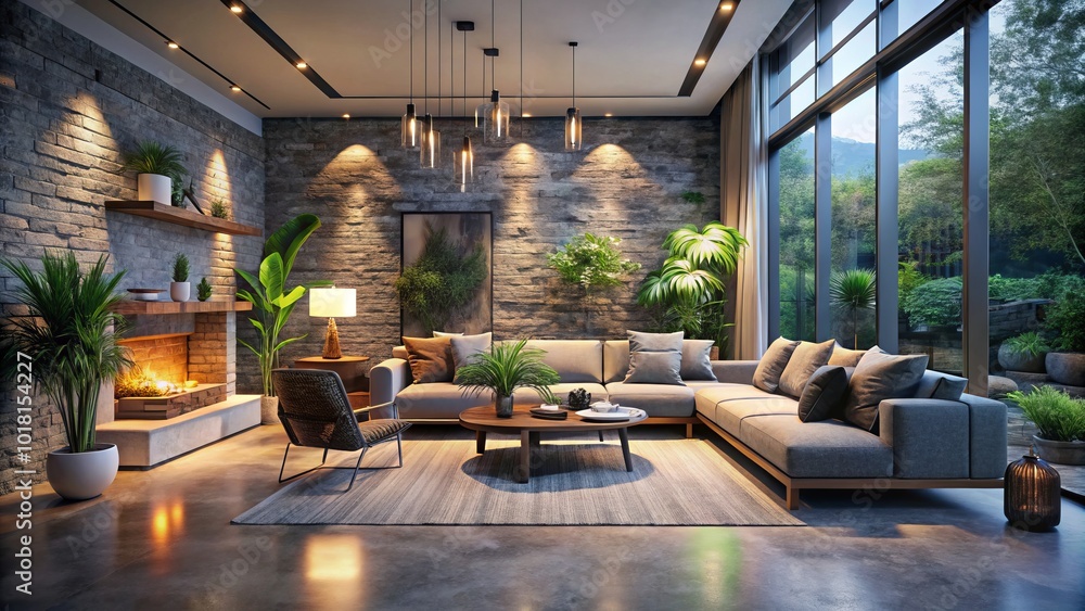Elevate your living space with modern design, incorporating chic stone walls and polished concrete floors for a sophisticated yet inviting ambiance Elevate your living space with modern design, incorporating chic stone walls and polished concrete floors for a sophisticated yet inviting ambiance
