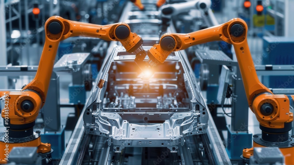 Robotic arms execute meticulous assembly tasks on a car production line in an advanced manufacturing environment. Generative AI Robotic arms execute meticulous assembly tasks on a car production line in an advanced manufacturing environment. Generative AI