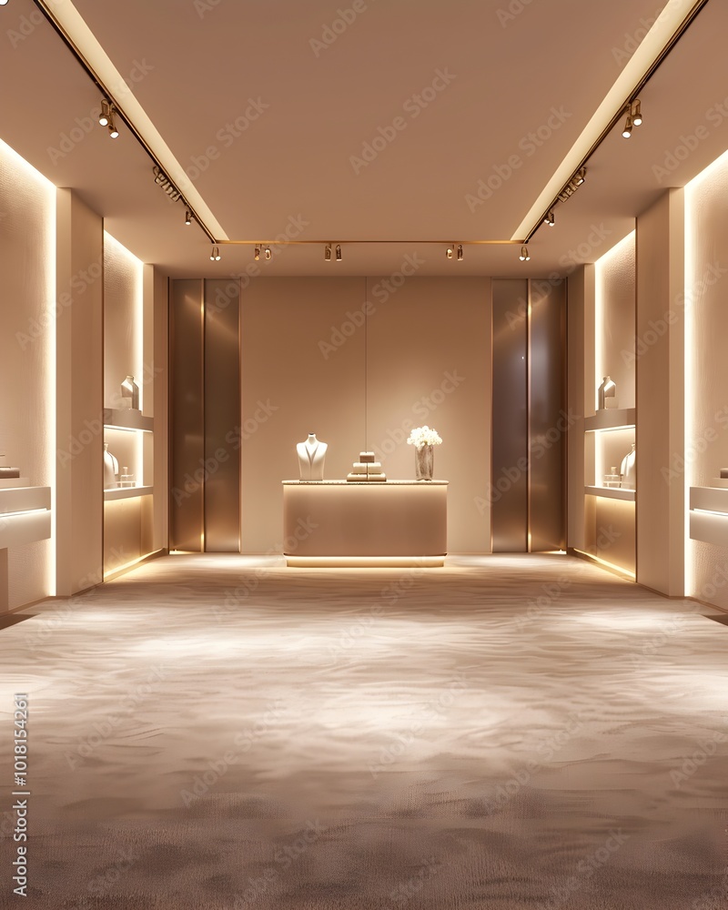 High End Boutique Interior with Elegant Displays and Plush Lighting for Luxury Fashion or Accessories High End Boutique Interior with Elegant Displays and Plush Lighting for Luxury Fashion or Accessories