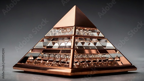 A pyramid structure made of copper or crystal, designed to balance energy in spaces according to Vastu principles. Ideal for enhancing positive vibrations in homes or offices. photo