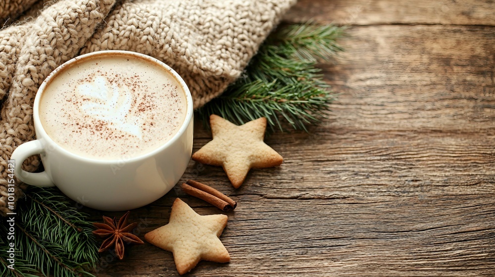 Cozy Cappuccino with Star-Shaped Cookies on Rustic Wooden Table for a Perfect Winter Treat Cozy Cappuccino with Star-Shaped Cookies on Rustic Wooden Table for a Perfect Winter Treat