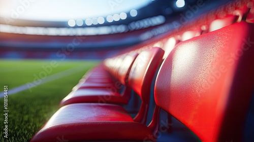 Red seats in a stadium, close up. Perfect for sports, events, and stadium related projects. photo