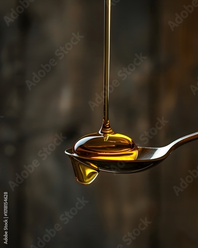 Glistening Golden Olive Oil Droplet Suspended in Spoon Against Rustic Kitchen Backdrop photo