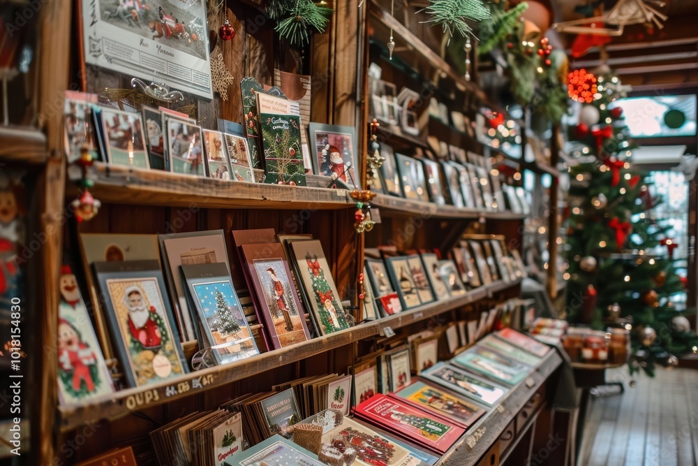 Christmas greeting cards displayed in a shop showcase, colorful festive scene. Christmas greeting cards displayed in a shop showcase, colorful festive scene.