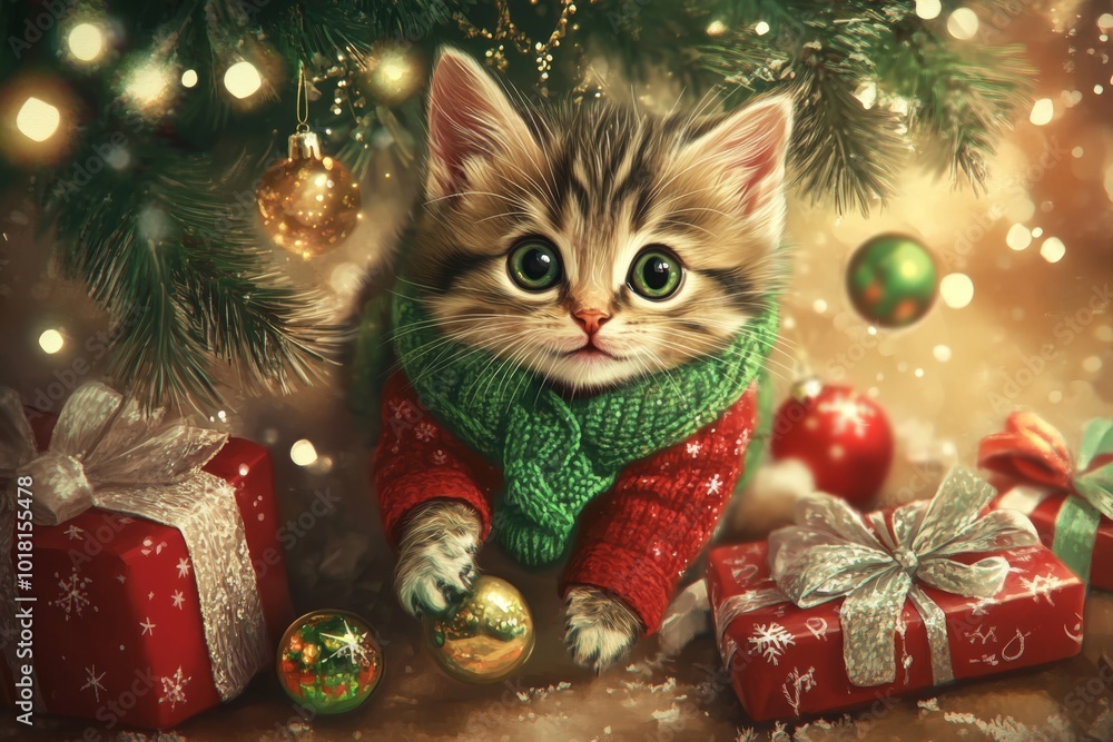 Playful Kitten in Green Scarf Playful Kitten in Green Scarf
