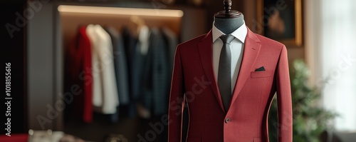 Elegant red suit displayed on a mannequin in a stylish boutique setting. photo