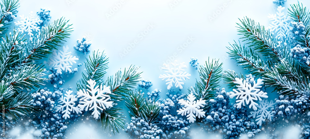Décorations de Noël avec flocons de neige et branches de sapin sur fond blanc Décorations de Noël avec flocons de neige et branches de sapin sur fond blanc