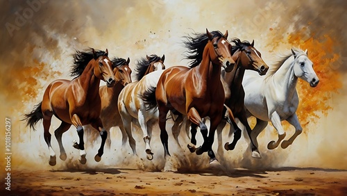 A vibrant Vastu painting of seven running horses, symbolizing success, speed, and progress. Ideal for hanging in living rooms or offices to enhance career growth and positivity.