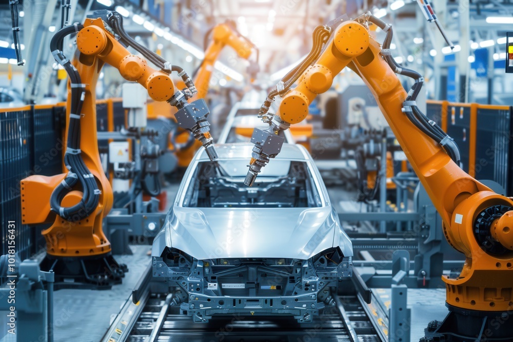 Robotic arms meticulously perform assembly tasks on a car chassis in a high-tech industrial setting during production. Generative AI Robotic arms meticulously perform assembly tasks on a car chassis in a high-tech industrial setting during production. Generative AI