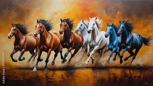 A vibrant Vastu painting of seven running horses, symbolizing success, speed, and progress. Ideal for hanging in living rooms or offices to enhance career growth and positivity.