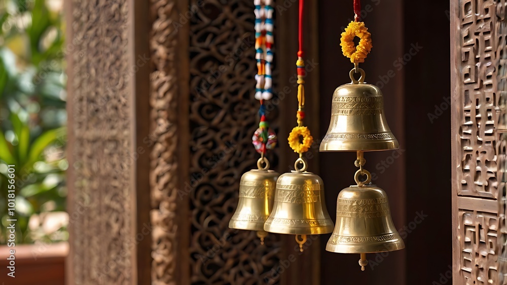 Obraz premium Hanging brass bells used in Vastu for cleansing negative energy and inviting positivity into homes and temples. Perfect for entryways or prayer rooms.