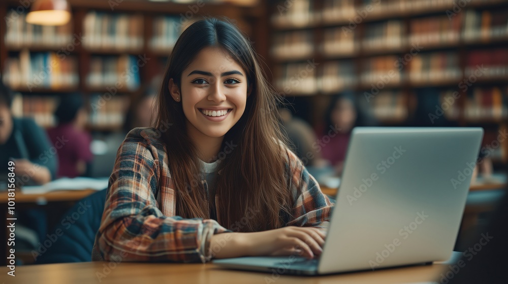 Smiling student using laptop in library, studying, focused atmosphere Smiling student using laptop in library, studying, focused atmosphere