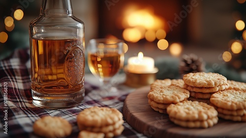 Bottle of whiskey and cookies by the fireplace with a cozy Christmas holiday atmosphere