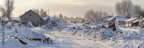 Recovery teams work in freezing conditions to bring essential services back online after a massive snow disaster paralyzes an entire town photo