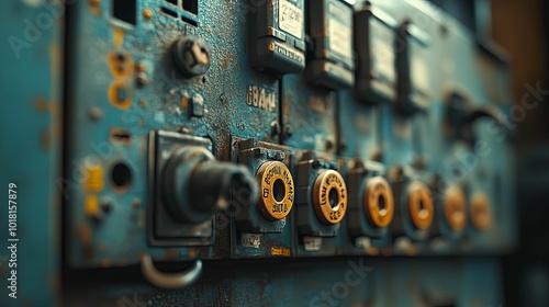 Close-up of a Rusty Industrial Control Panel with Fuses